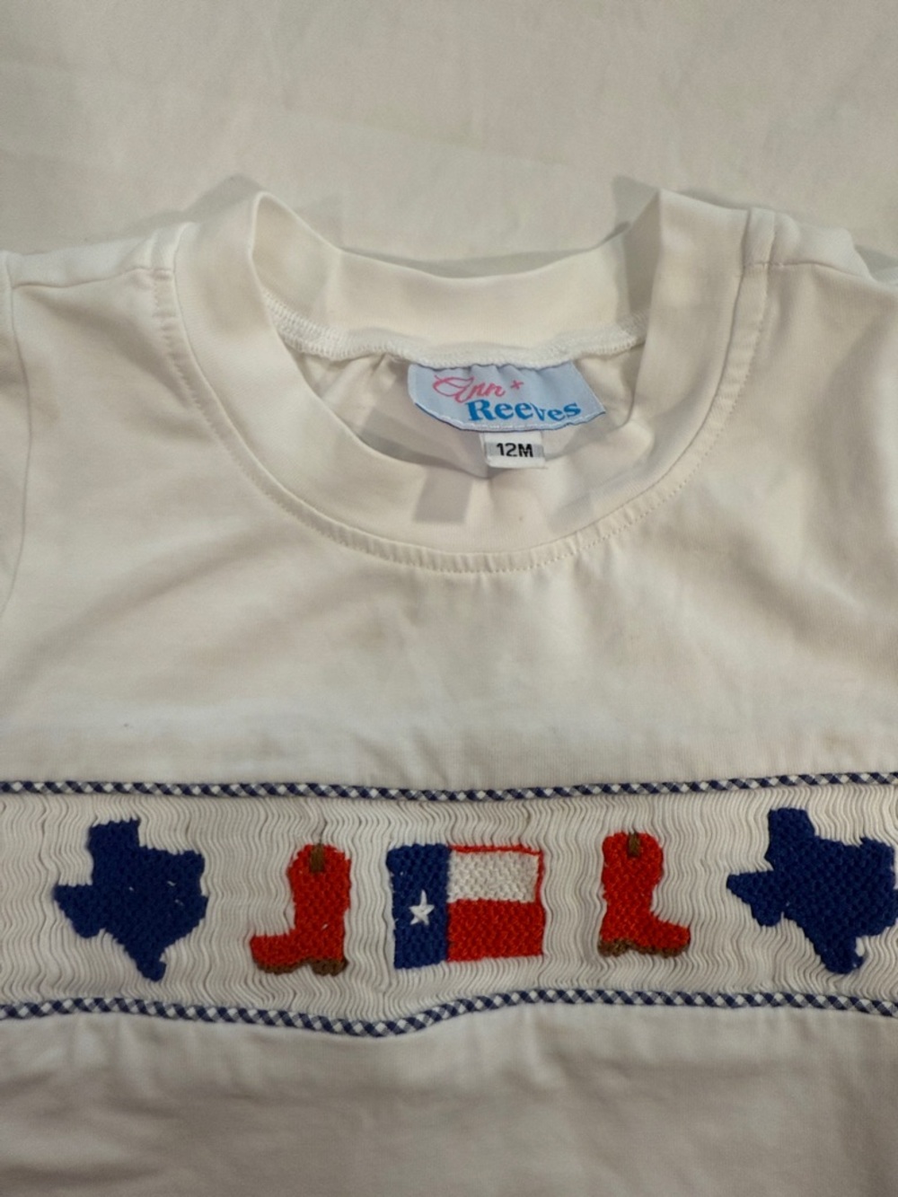 White Short Sleeve Kids Tee with Red & Blue Texas Motif. 12 months